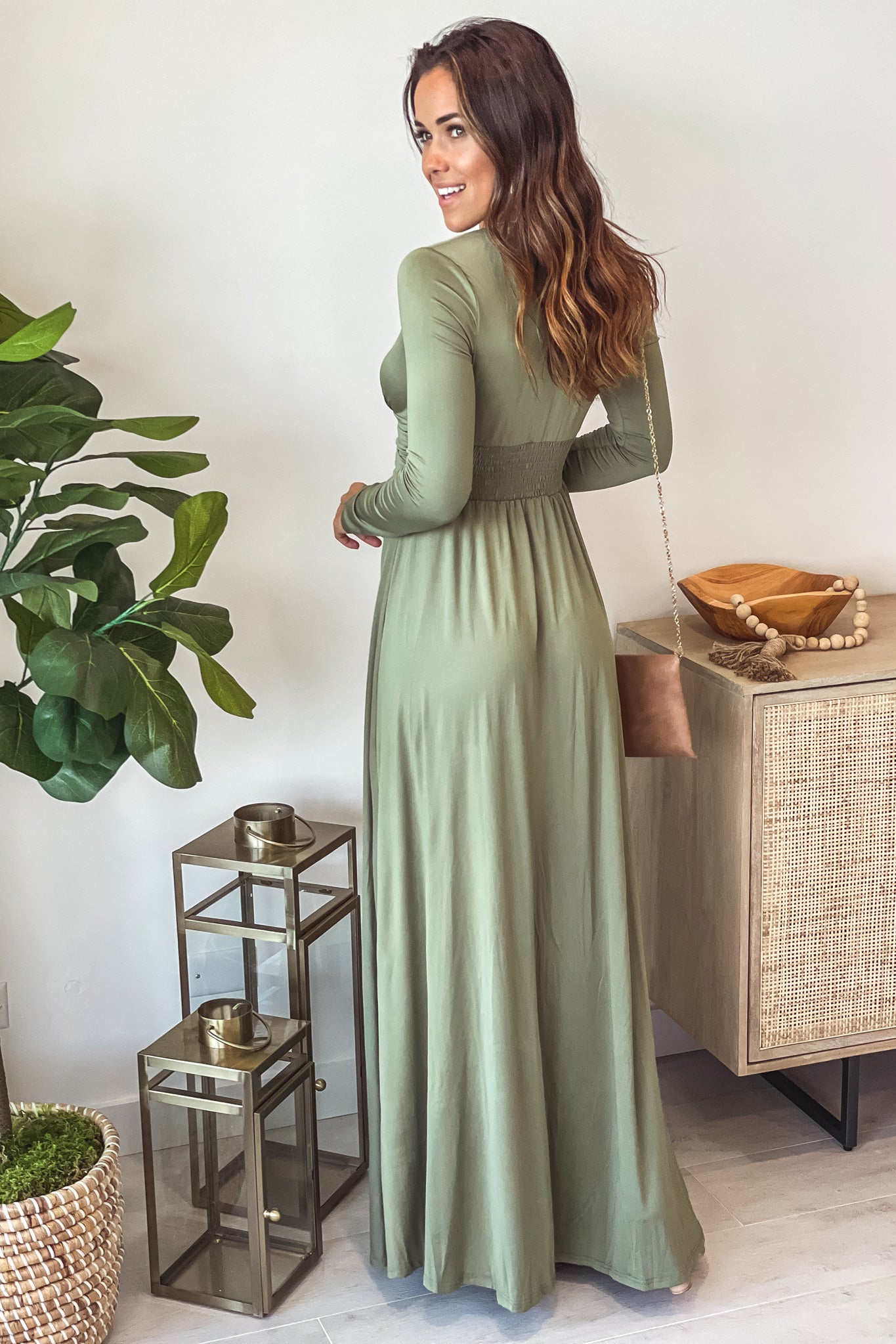 Olive V-Neck Maxi Dress With Long ...